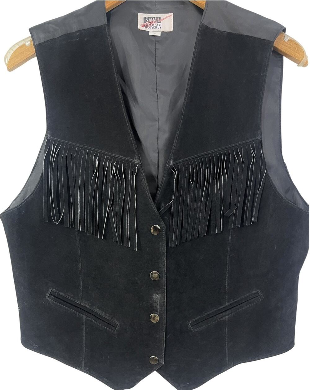 Vtg Black Vest Fringe Suede Biker Western Large Women’s Cowgirl Snap